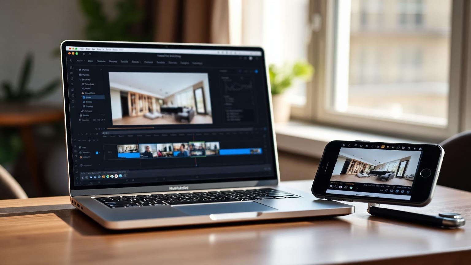 Laptop editing a real estate listing video next to a phone previewing the reel.